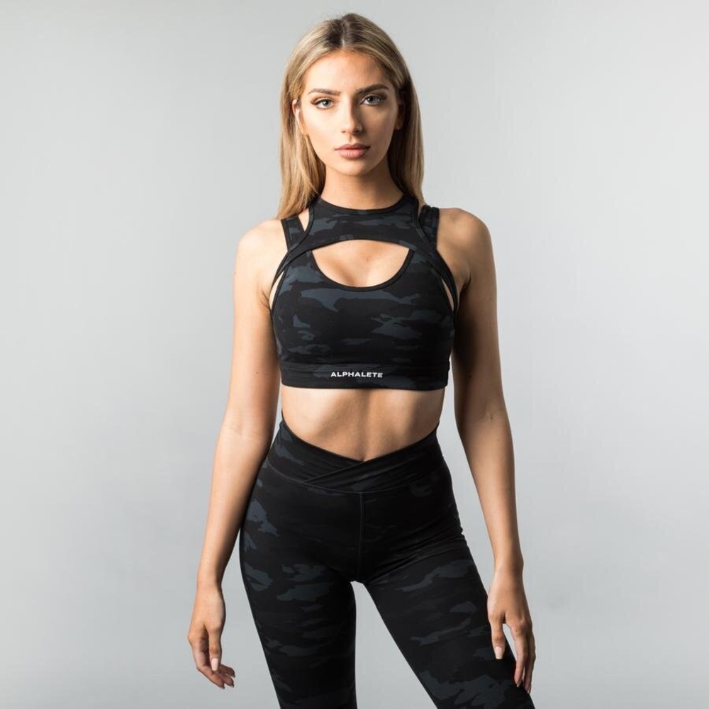 Alphalete surface path legging and keyhole bra black camo XS